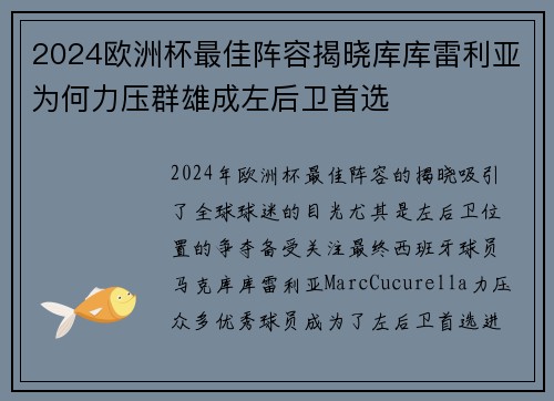2024欧洲杯最佳阵容揭晓库库雷利亚为何力压群雄成左后卫首选 2024欧洲杯最佳阵容揭晓库库雷利亚为何力压群雄成左后卫首选