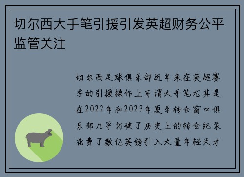 切尔西大手笔引援引发英超财务公平监管关注
